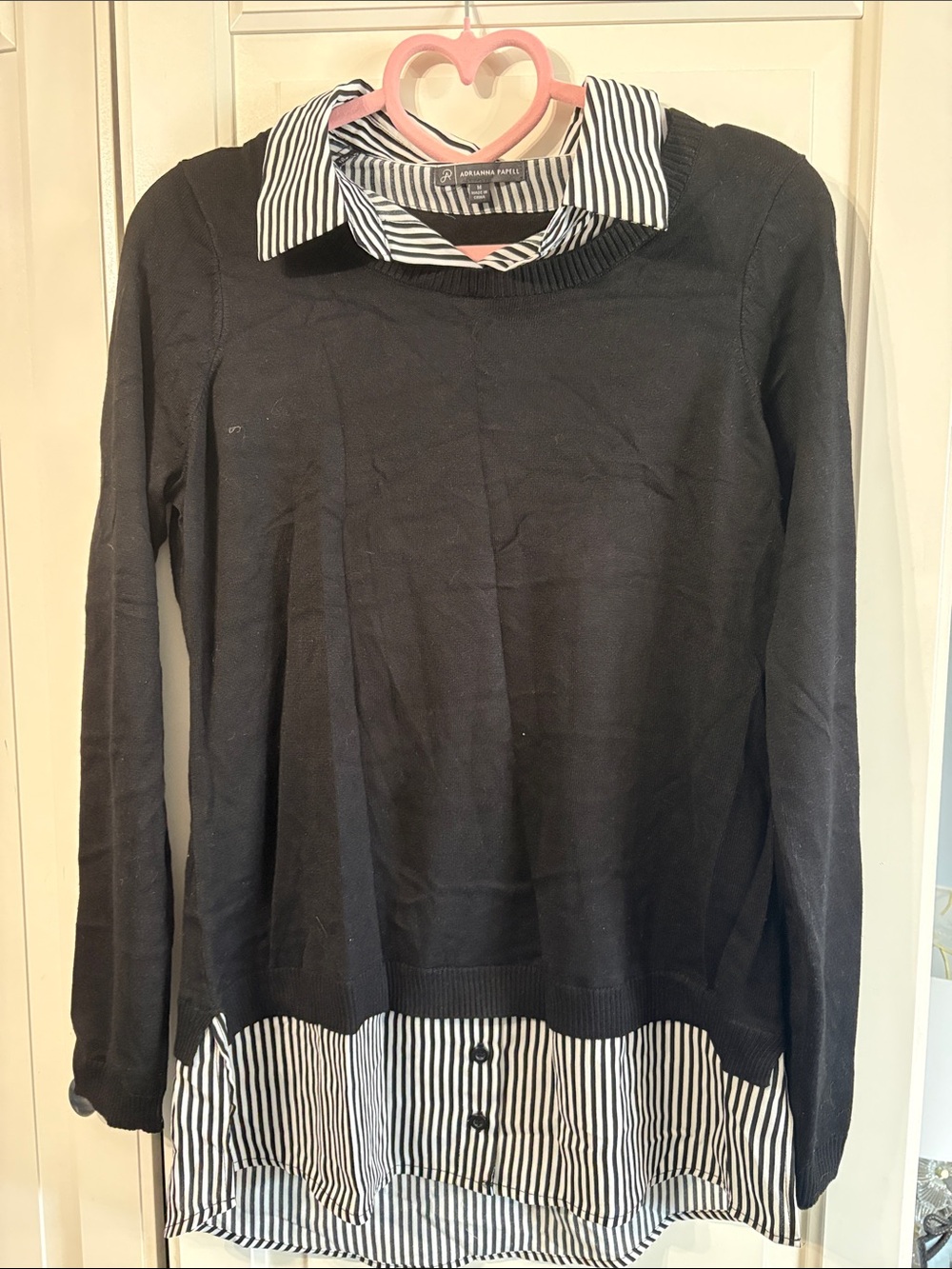 Layered-Look Black Sweater with Black & White Striped Shirt Panels